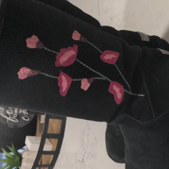 UGG BLACK SUEDE TALL EMBROIDERED BOOTS