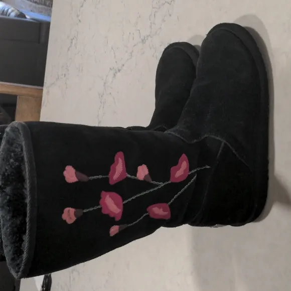 UGG BLACK SUEDE TALL EMBROIDERED BOOTS