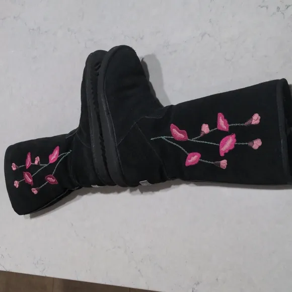 UGG BLACK SUEDE TALL EMBROIDERED BOOTS
