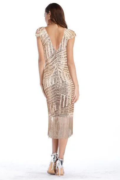 V-Back Sequins Gold Tea Length Party Dress