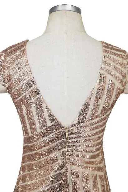 V-Back Sequins Gold Tea Length Party Dress