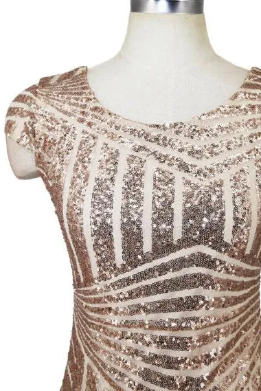 V-Back Sequins Gold Tea Length Party Dress
