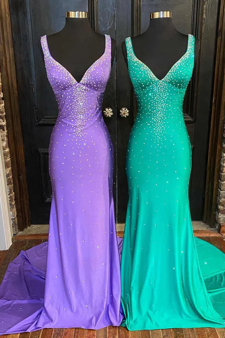 V-Neck Lilac Beaded Prom Dress with Sweep Train
