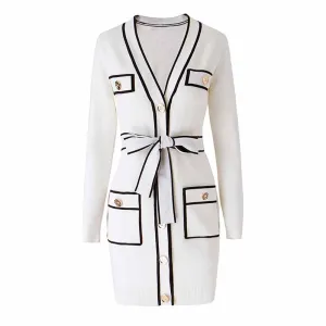 Women's Rib Knit Tie Waist Midi Dress White Knit Cardigan