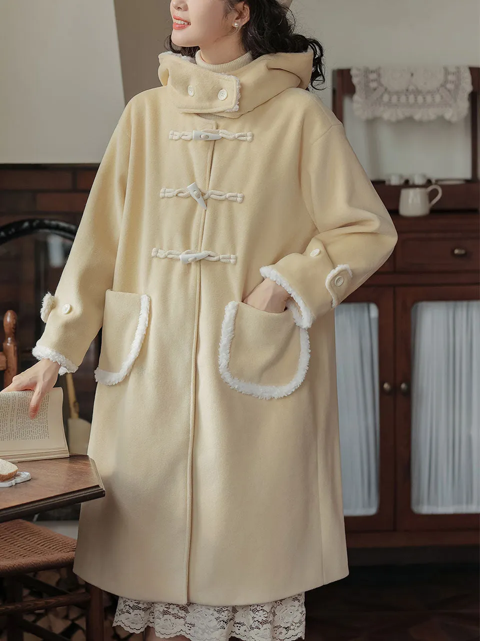 Yellow Hooded Horn Button Coat Women's Winter Coat